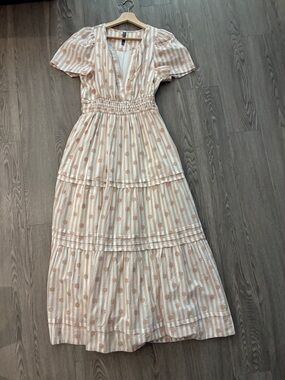 Anthropologie Pink and Cream Striped Maxi Dress with Puff Sleeves
